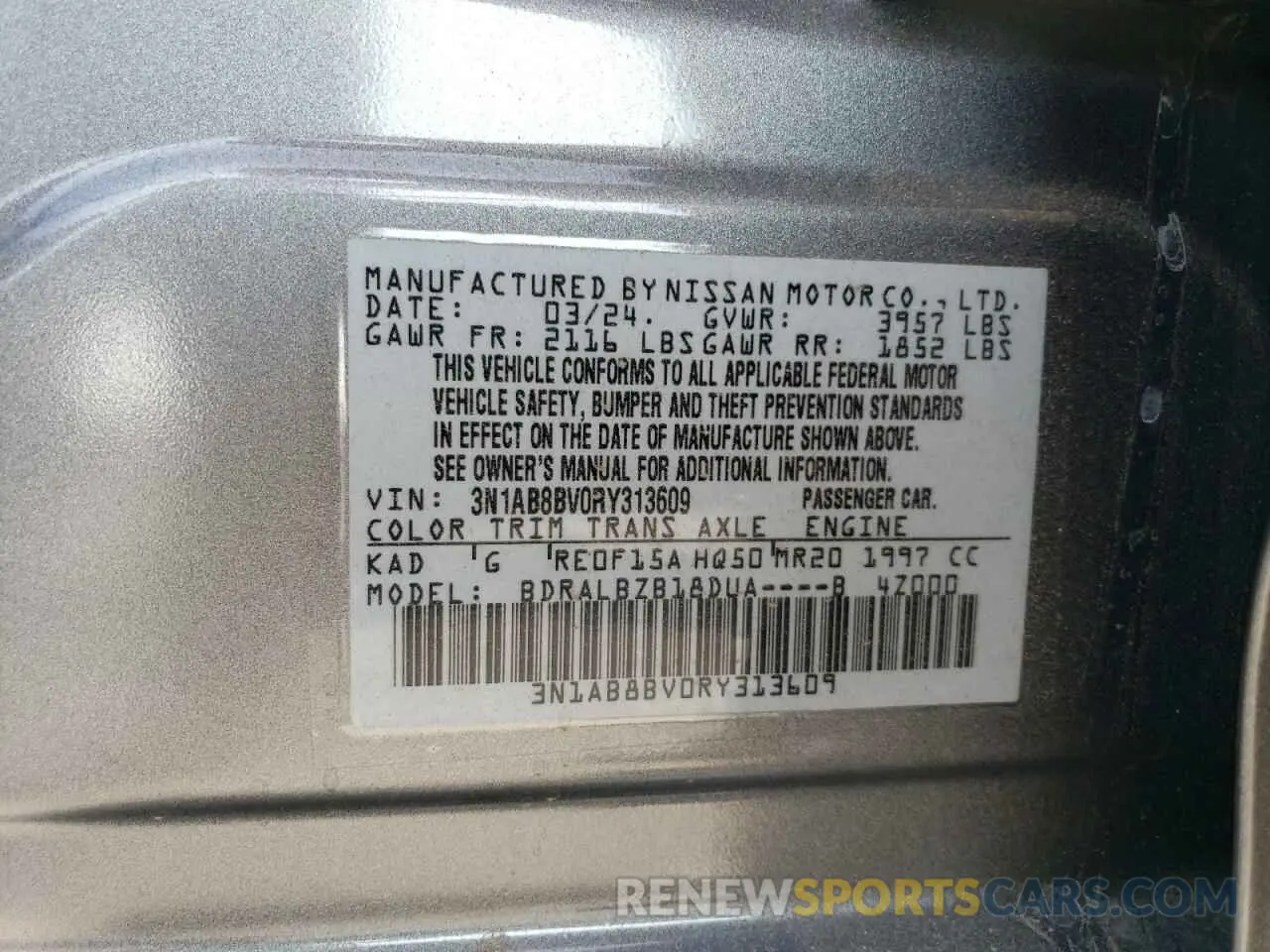 12 Photograph of a damaged car 3N1AB8BV0RY313609 NISSAN SENTRA 2024