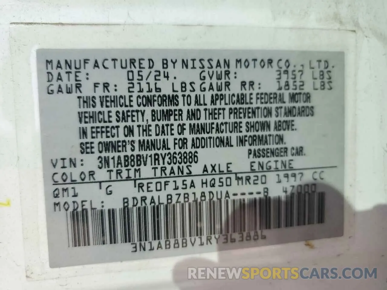 14 Photograph of a damaged car 3N1AB8BV1RY363886 NISSAN SENTRA 2024