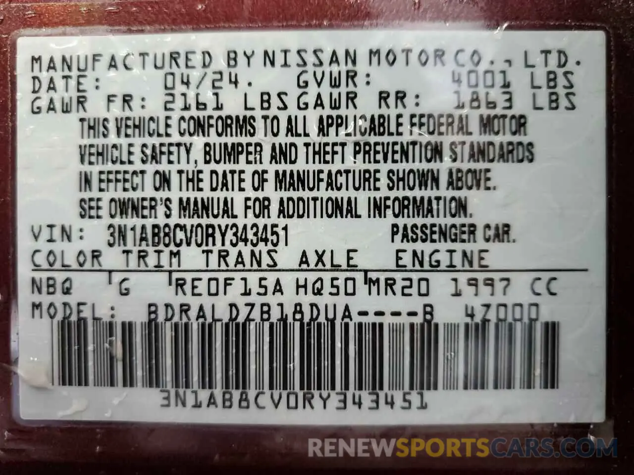 13 Фотография поврежденного автомобиля 3N1AB8CV0RY343451 NISSAN SENTRA 2024
