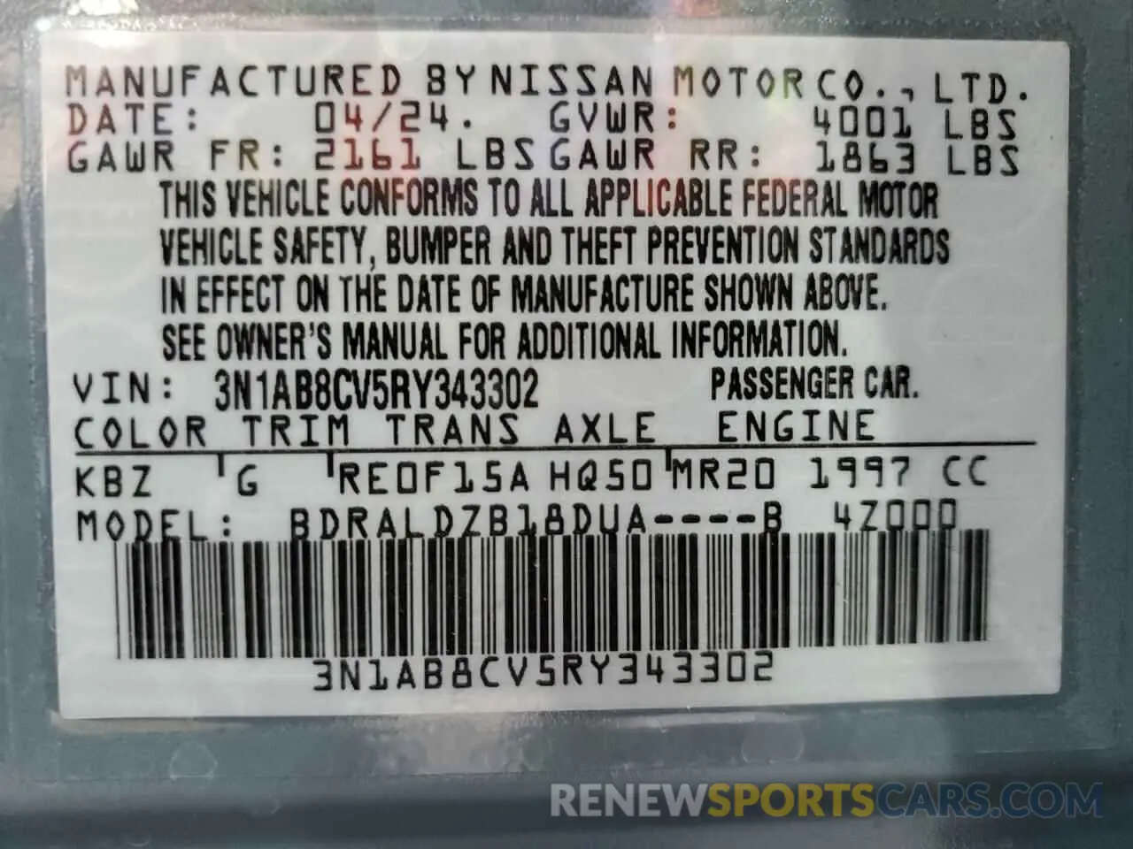 12 Photograph of a damaged car 3N1AB8CV5RY343302 NISSAN SENTRA 2024