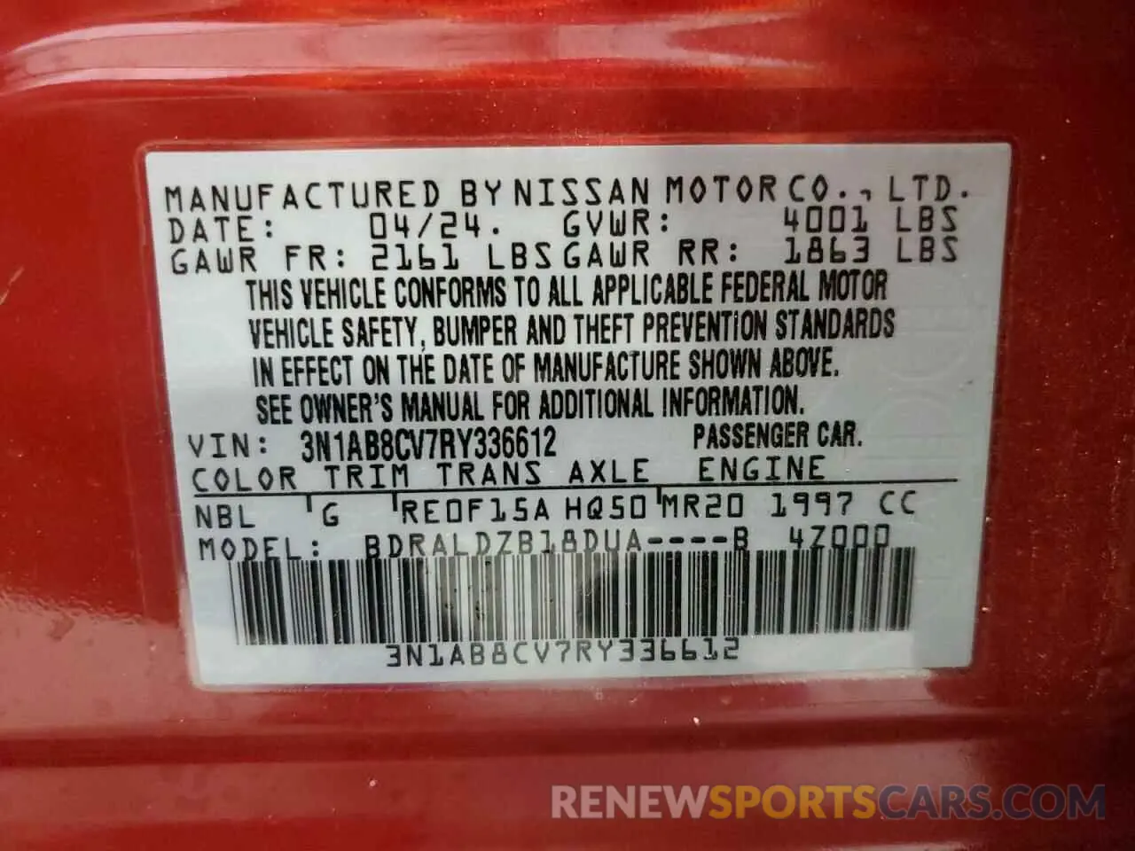 12 Photograph of a damaged car 3N1AB8CV7RY336612 NISSAN SENTRA 2024