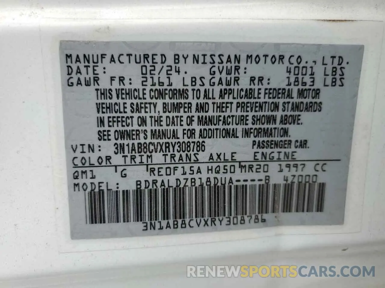 12 Photograph of a damaged car 3N1AB8CVXRY308786 NISSAN SENTRA 2024