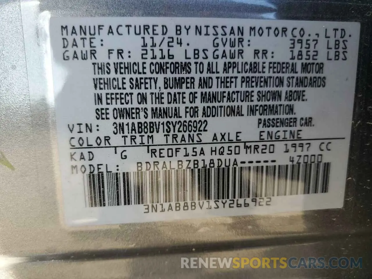 12 Photograph of a damaged car 3N1AB8BV1SY266922 NISSAN SENTRA 2025