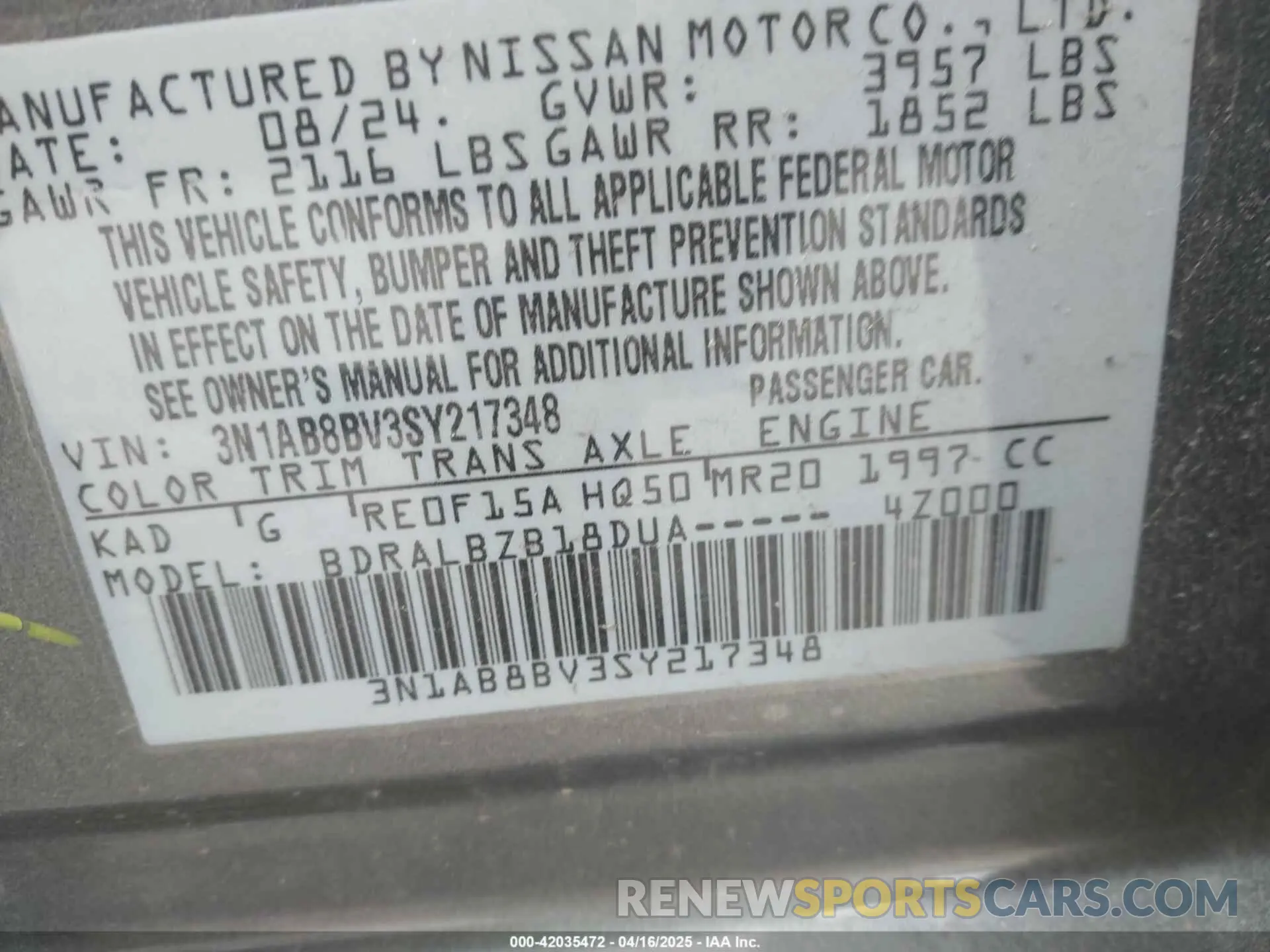 9 Photograph of a damaged car 3N1AB8BV3SY217348 NISSAN SENTRA 2025