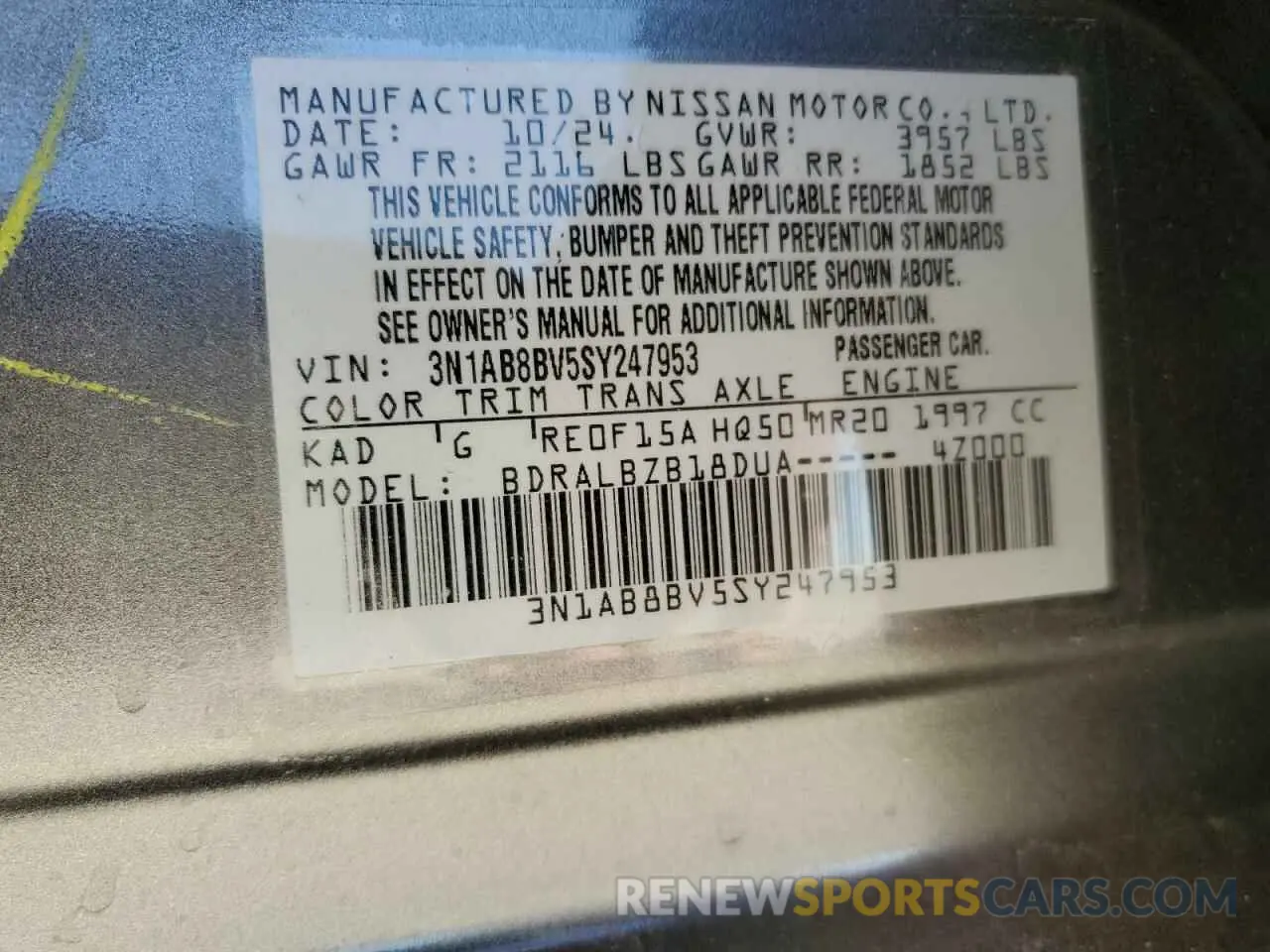 15 Photograph of a damaged car 3N1AB8BV5SY247953 NISSAN SENTRA 2025