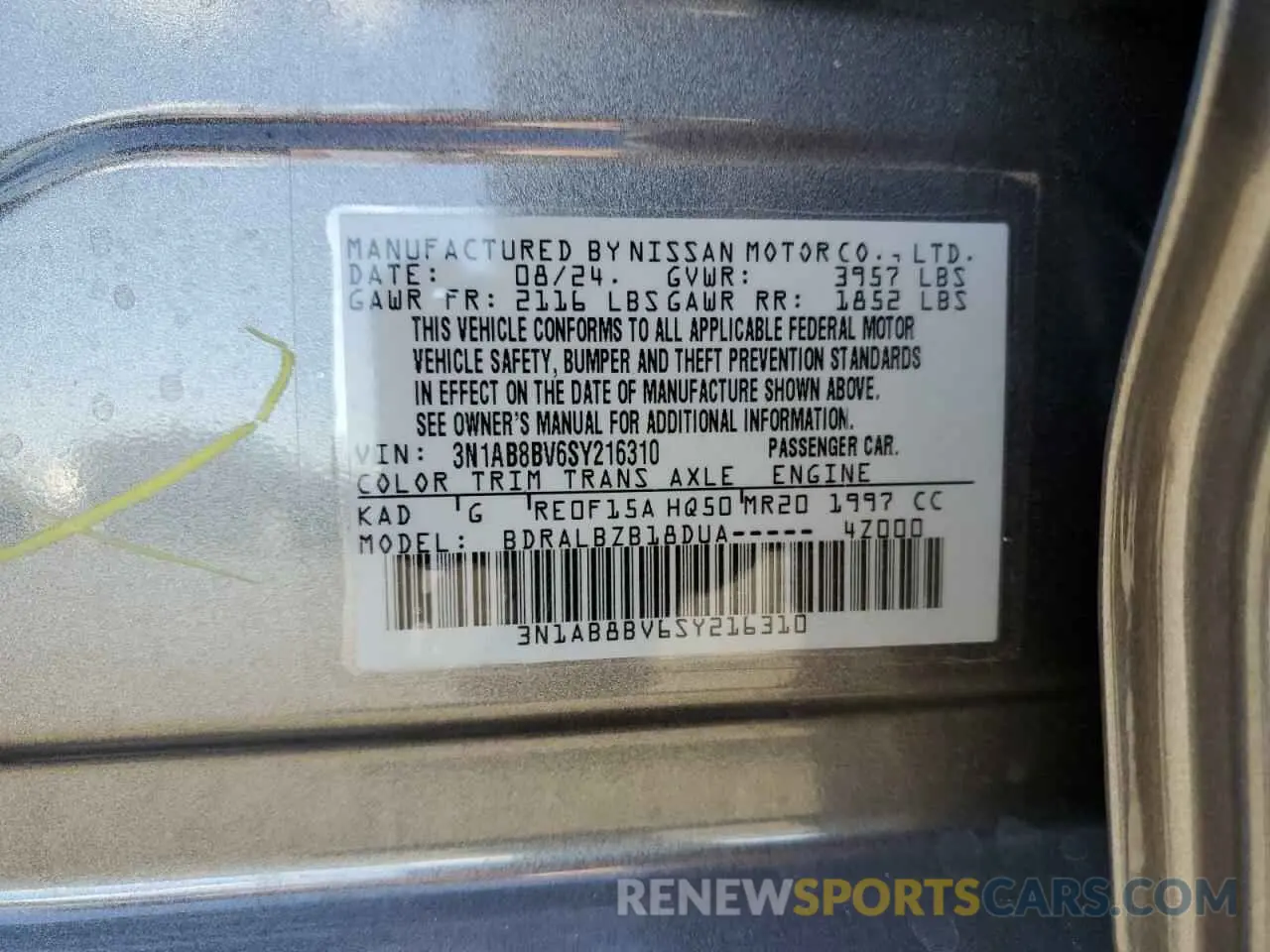 14 Photograph of a damaged car 3N1AB8BV6SY216310 NISSAN SENTRA 2025