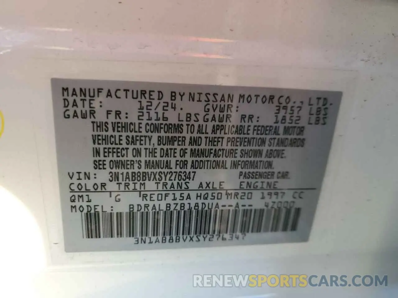 12 Photograph of a damaged car 3N1AB8BVXSY276347 NISSAN SENTRA 2025