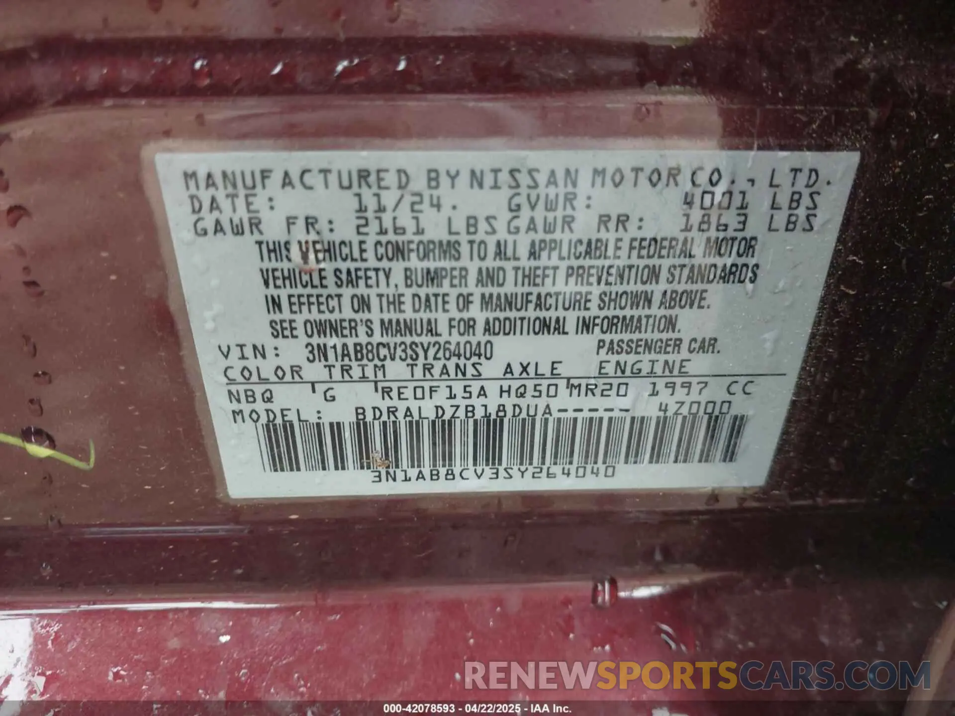 9 Фотография поврежденного автомобиля 3N1AB8CV3SY264040 NISSAN SENTRA 2025