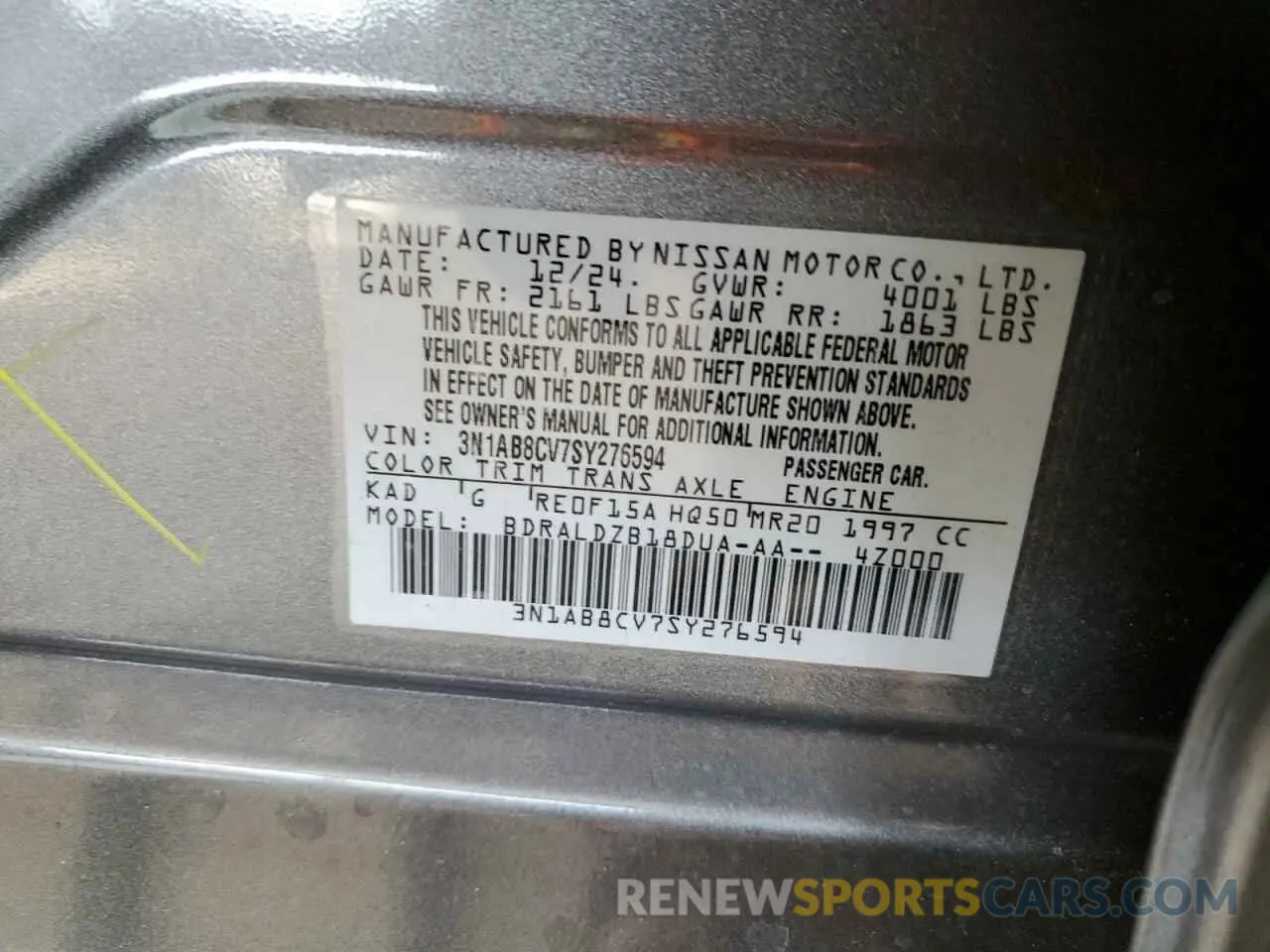 12 Photograph of a damaged car 3N1AB8CV7SY276594 NISSAN SENTRA 2025