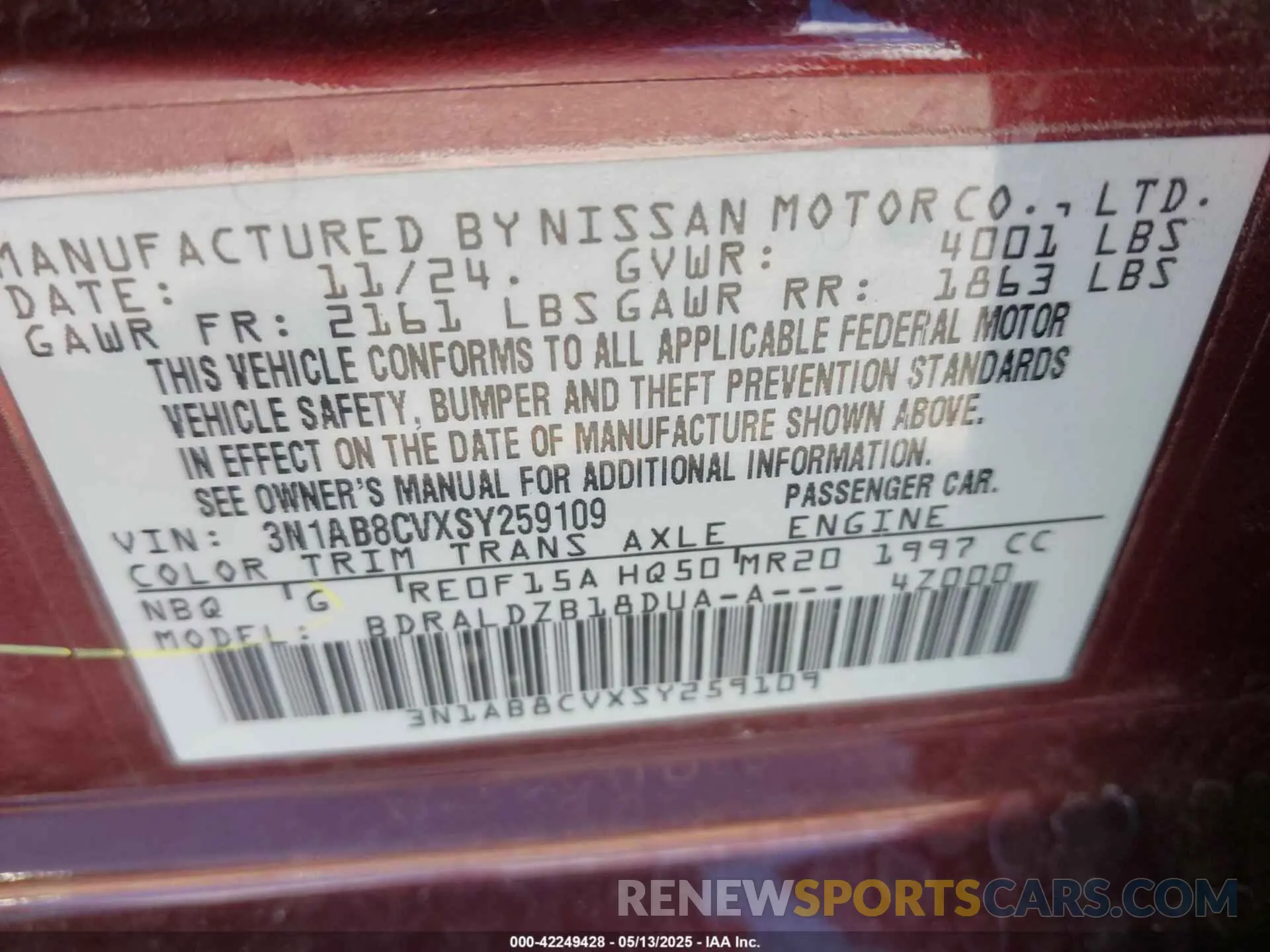 9 Photograph of a damaged car 3N1AB8CVXSY259109 NISSAN SENTRA 2025