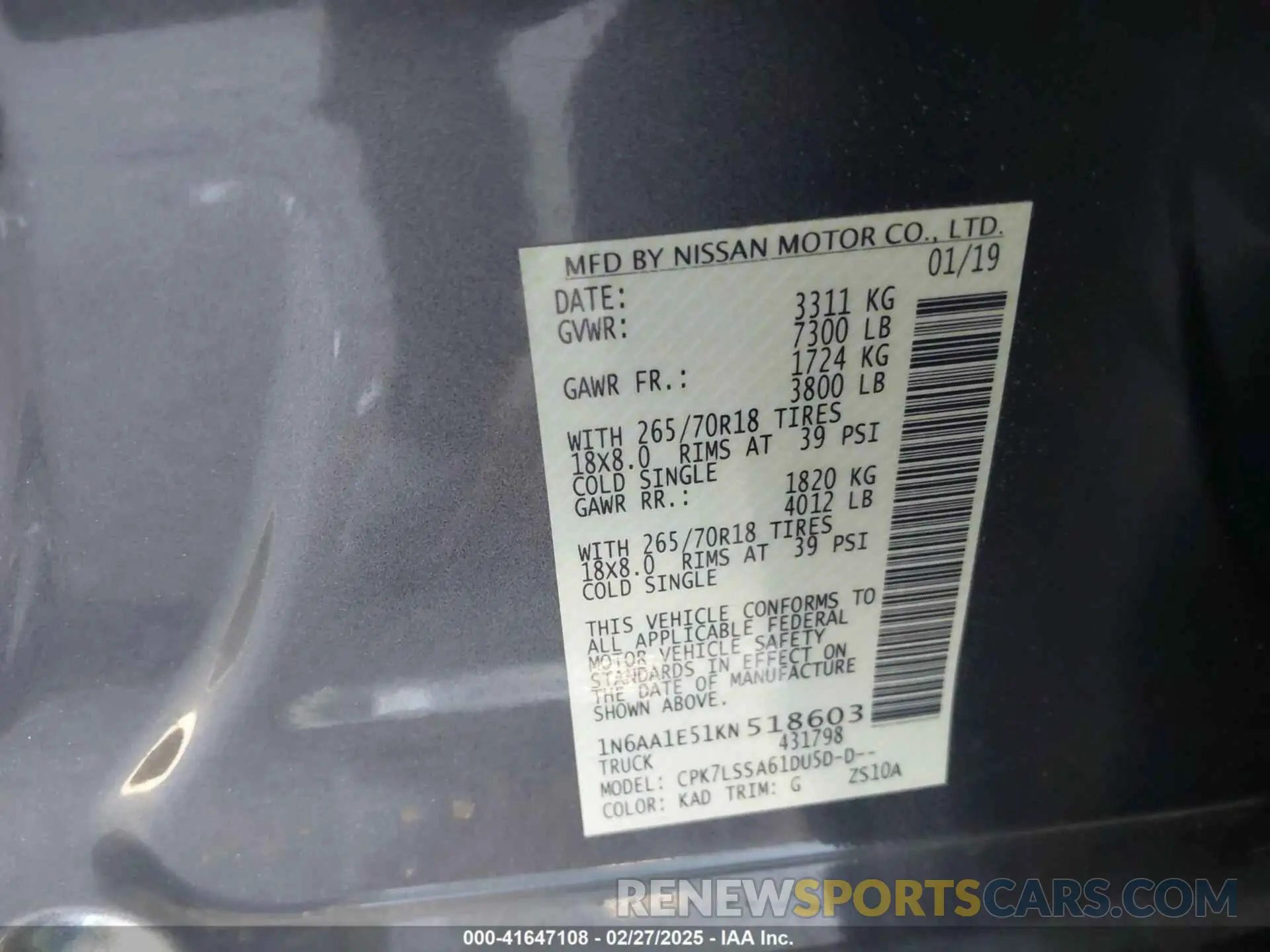 9 Photograph of a damaged car 1N6AA1E51KN518603 NISSAN TITAN 2019
