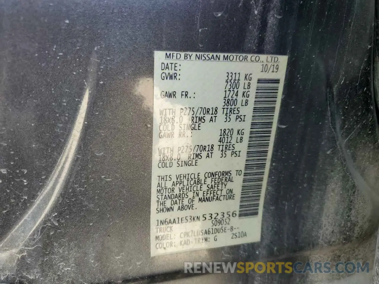 15 Photograph of a damaged car 1N6AA1E53KN532356 NISSAN TITAN 2019