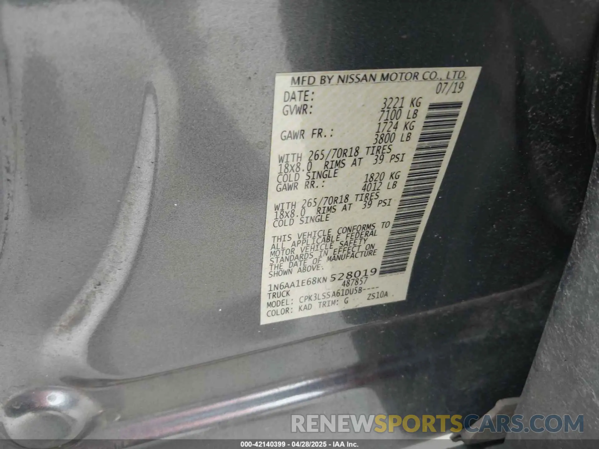 9 Фотография поврежденного автомобиля 1N6AA1E68KN528019 NISSAN TITAN 2019