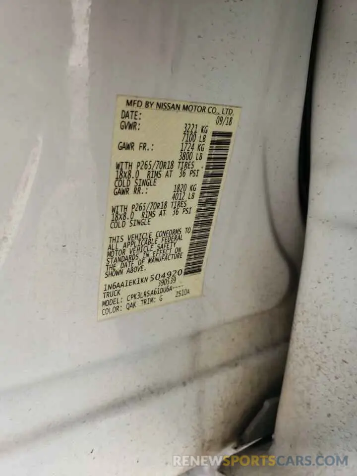 12 Photograph of a damaged car 1N6AA1EK1KN504920 NISSAN TITAN 2019