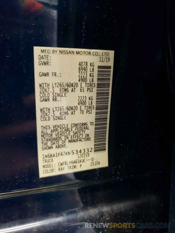 14 Photograph of a damaged car 1N6BA1F47KN534332 NISSAN TITAN 2019