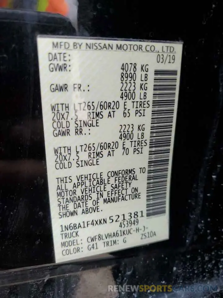 13 Фотография поврежденного автомобиля 1N6BA1F4XKN521381 NISSAN TITAN 2019