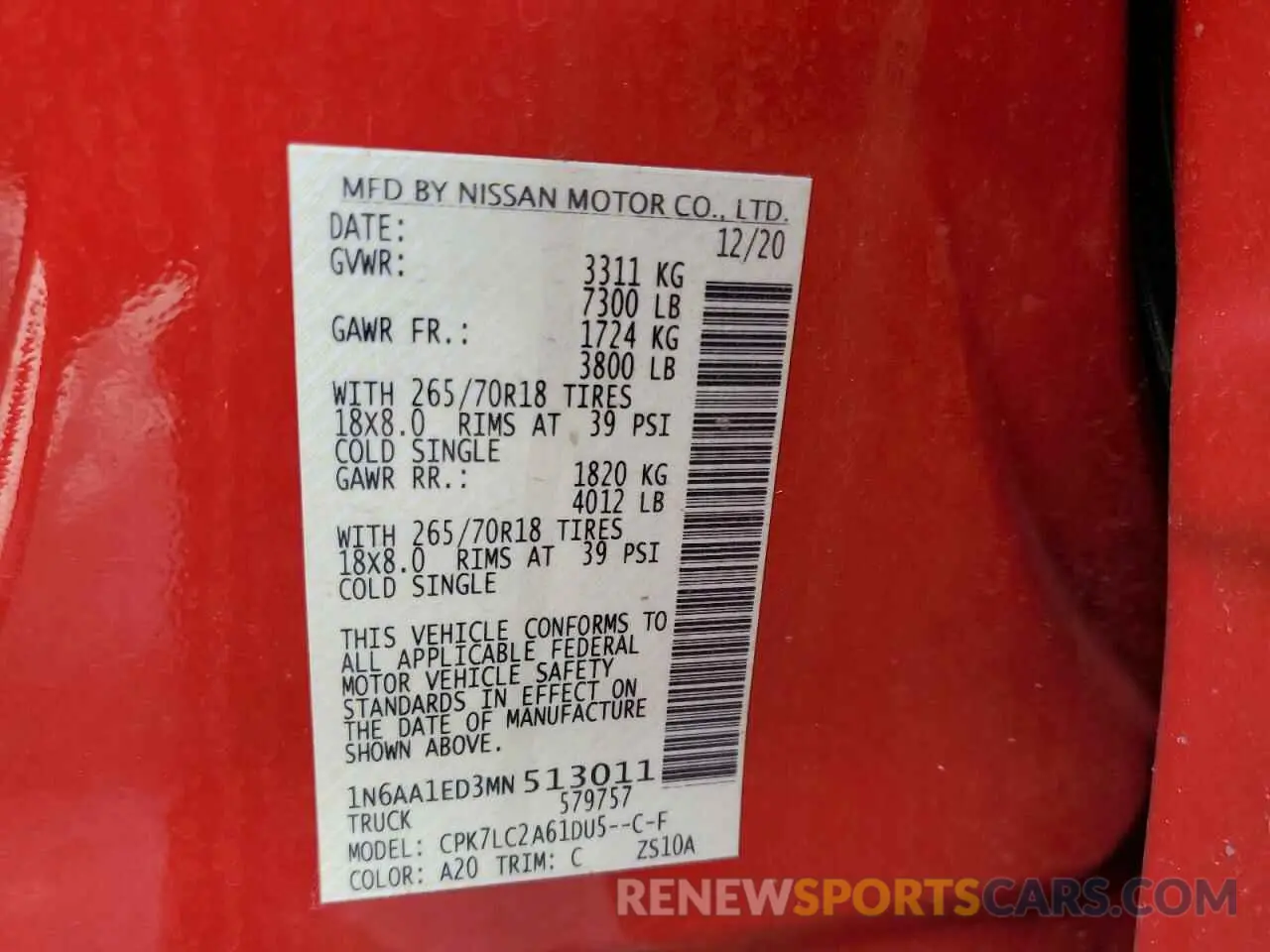 13 Photograph of a damaged car 1N6AA1ED3MN513011 NISSAN TITAN 2021