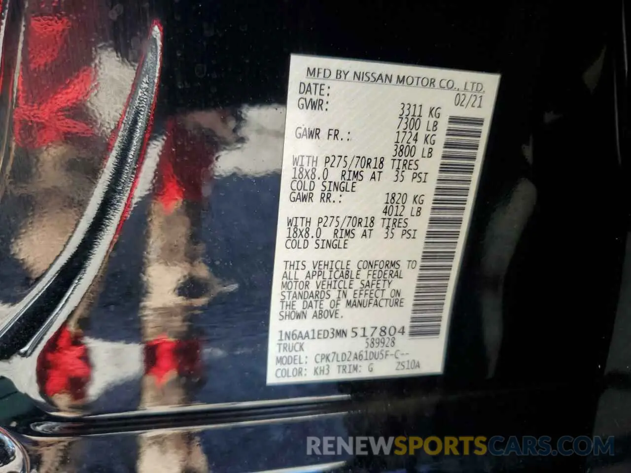 13 Photograph of a damaged car 1N6AA1ED3MN517804 NISSAN TITAN 2021