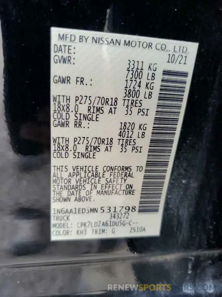 12 Photograph of a damaged car 1N6AA1ED5MN531798 NISSAN TITAN 2021