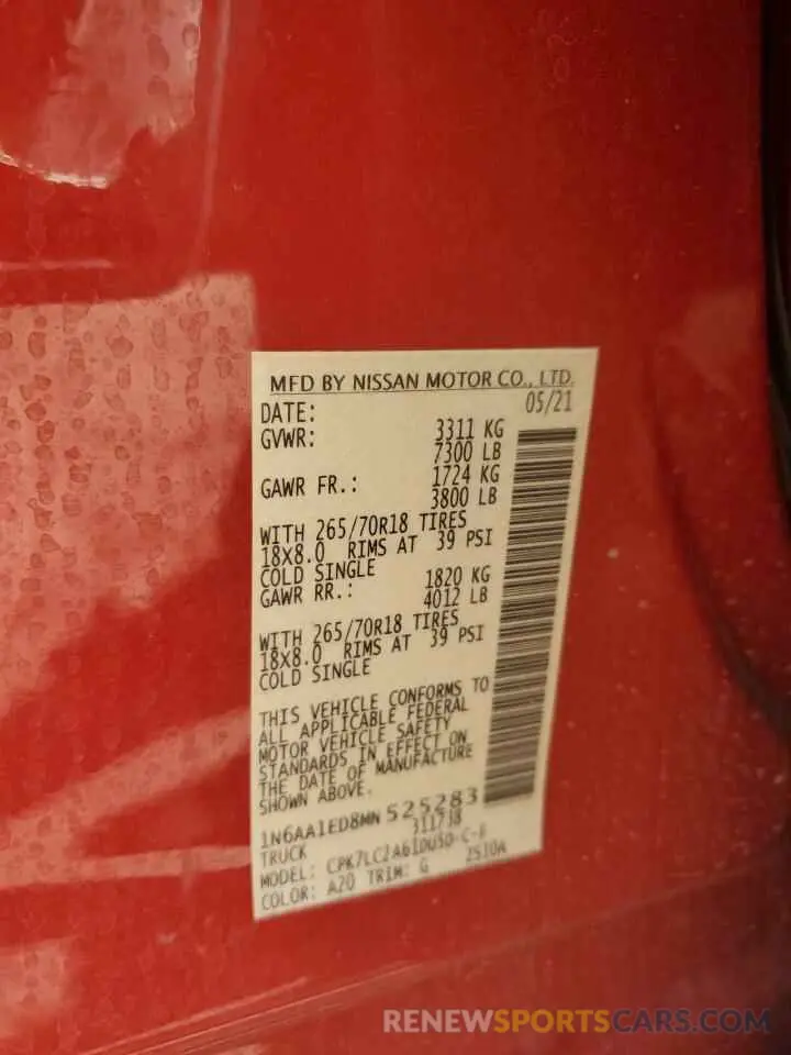 13 Photograph of a damaged car 1N6AA1ED8MN525283 NISSAN TITAN 2021