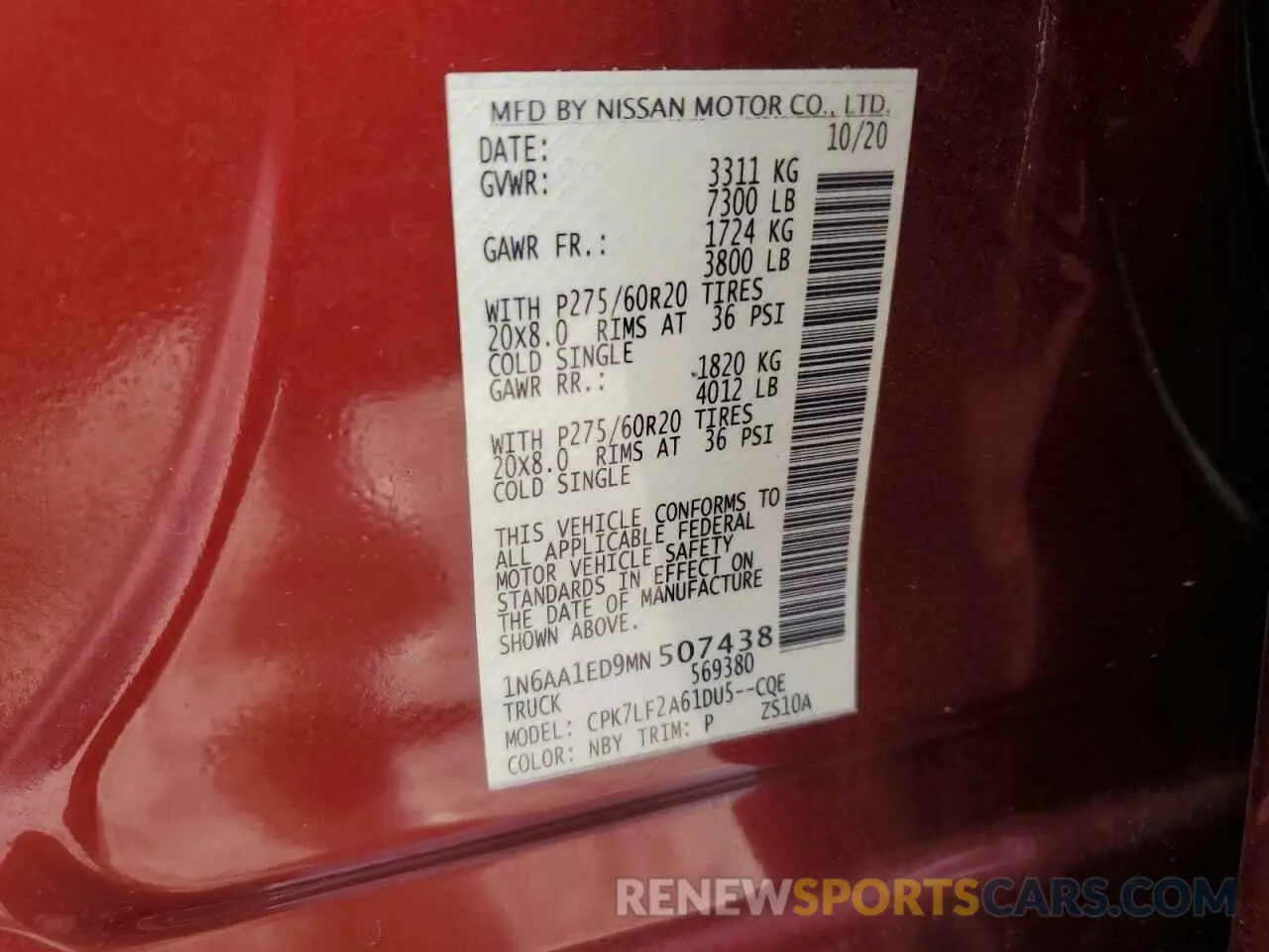 13 Photograph of a damaged car 1N6AA1ED9MN507438 NISSAN TITAN 2021