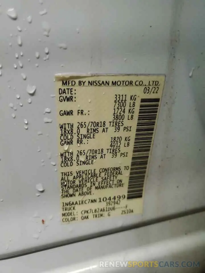 12 Photograph of a damaged car 1N6AA1EC7NN104499 NISSAN TITAN 2022