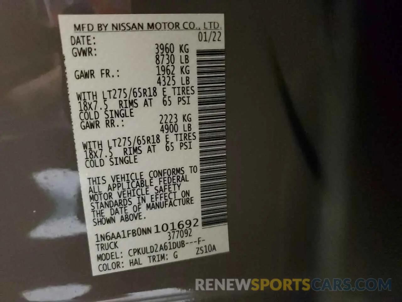 12 Photograph of a damaged car 1N6AA1FB0NN101692 NISSAN TITAN 2022