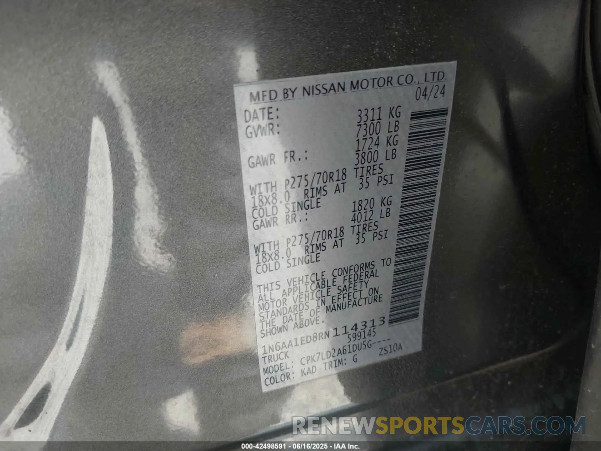 9 Photograph of a damaged car 1N6AA1ED8RN114313 NISSAN TITAN 2024