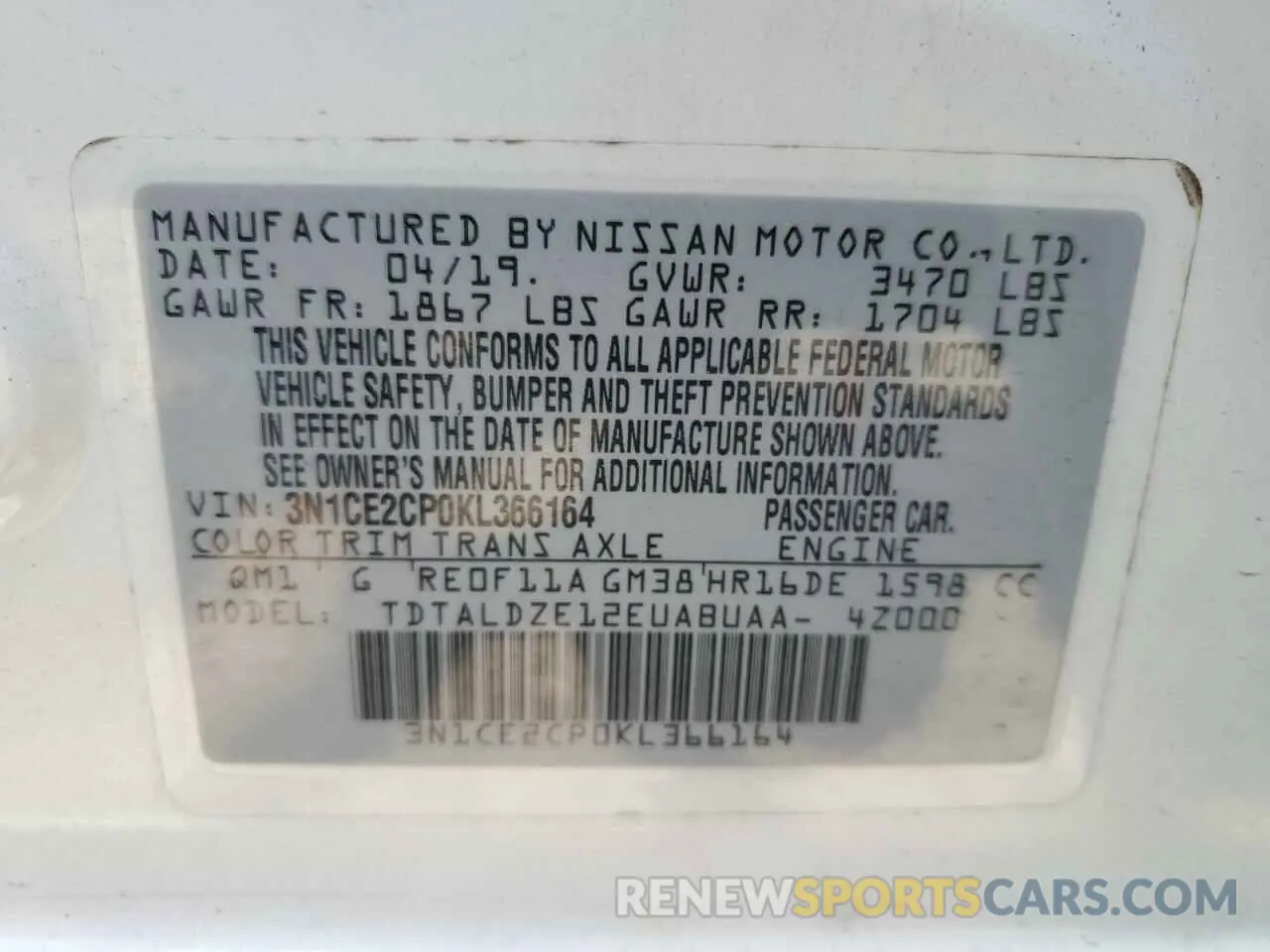 15 Photograph of a damaged car 3N1CE2CP0KL366164 NISSAN VERSA 2019