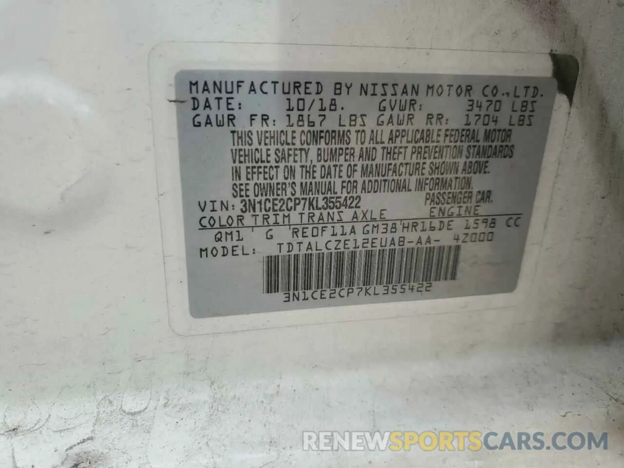 12 Photograph of a damaged car 3N1CE2CP7KL355422 NISSAN VERSA 2019