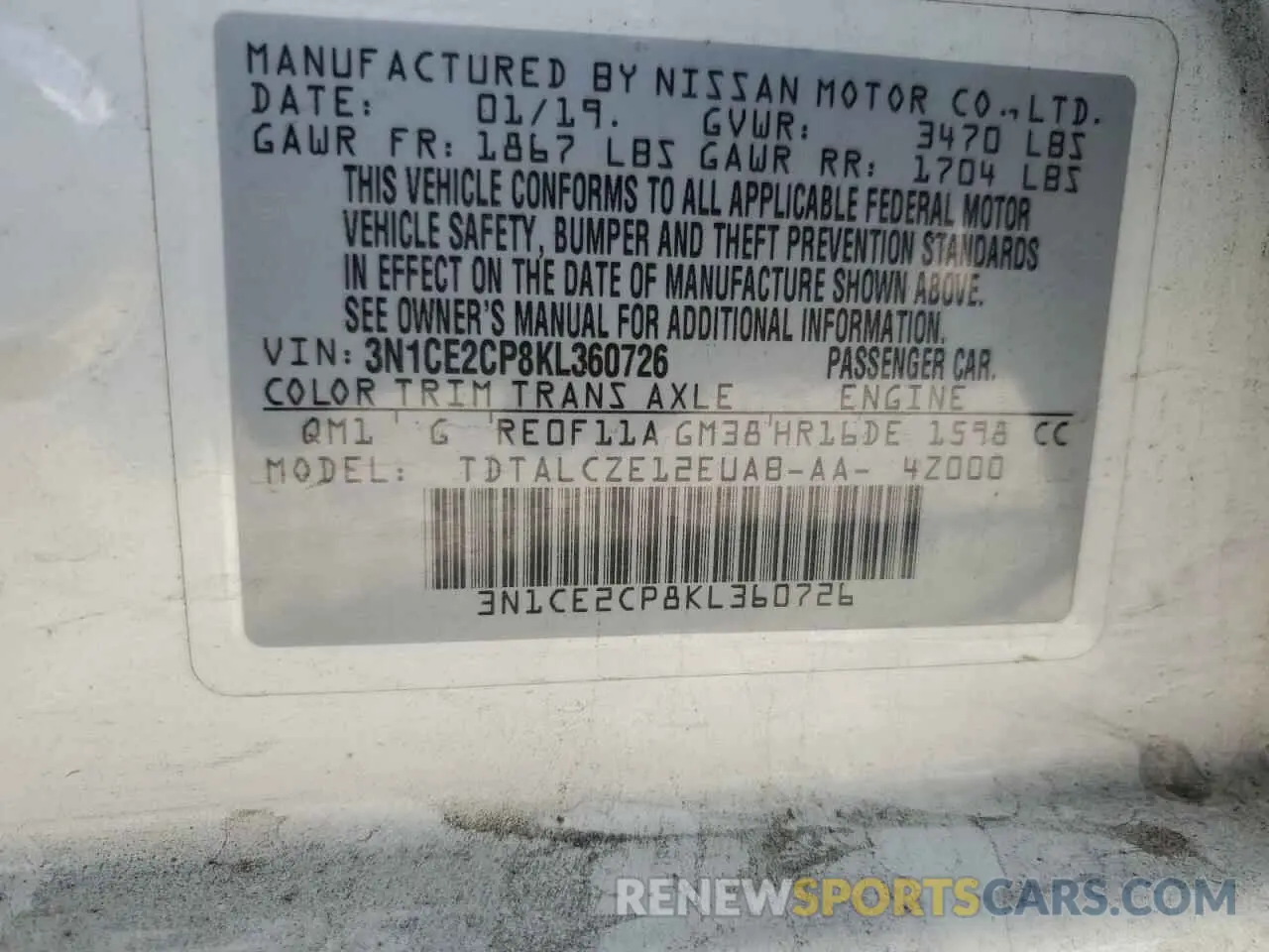 13 Photograph of a damaged car 3N1CE2CP8KL360726 NISSAN VERSA 2019