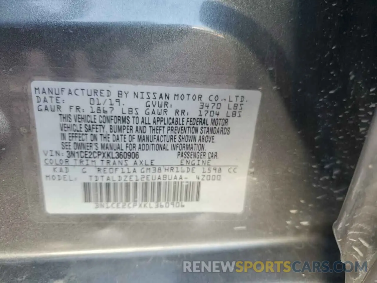 12 Photograph of a damaged car 3N1CE2CPXKL360906 NISSAN VERSA 2019