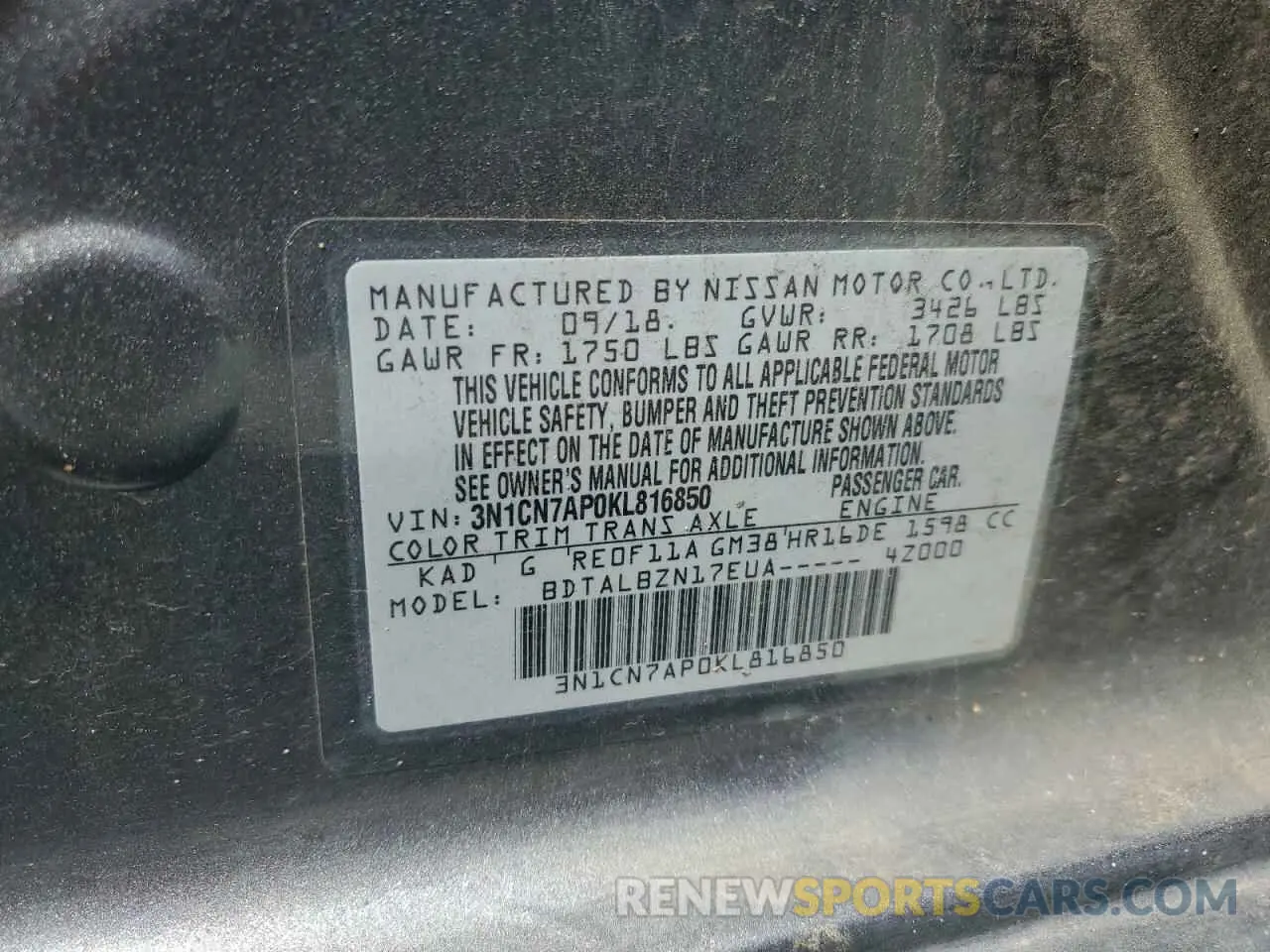 13 Photograph of a damaged car 3N1CN7AP0KL816850 NISSAN VERSA 2019