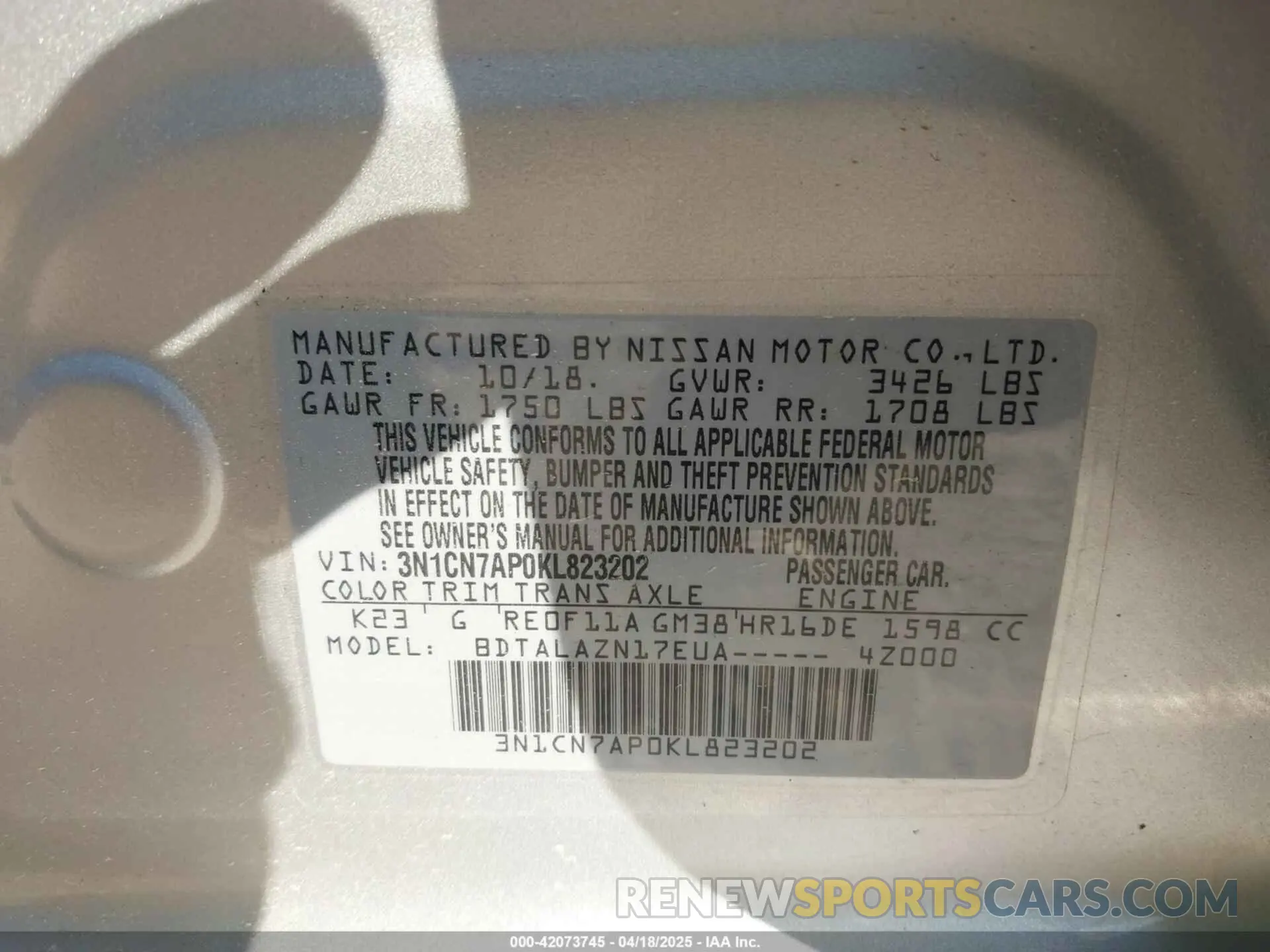 9 Фотография поврежденного автомобиля 3N1CN7AP0KL823202 NISSAN VERSA 2019