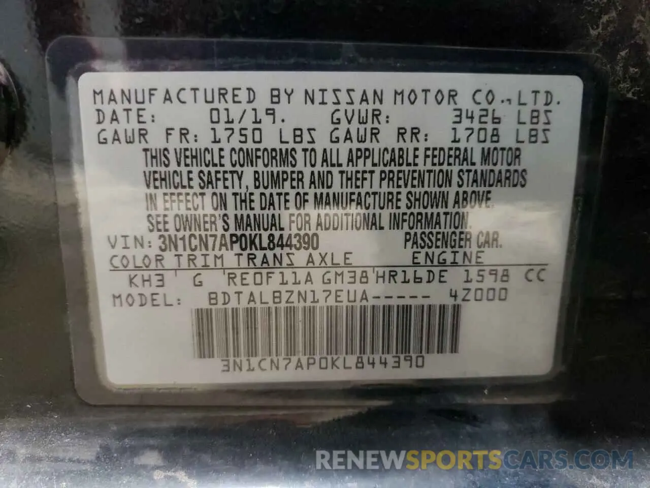 13 Photograph of a damaged car 3N1CN7AP0KL844390 NISSAN VERSA 2019