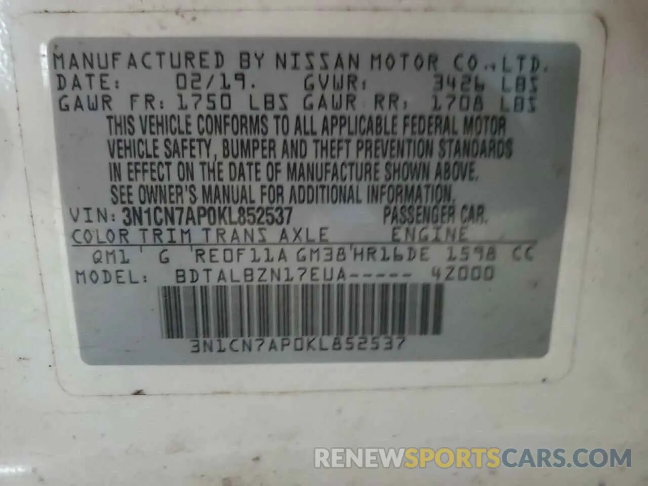 13 Фотография поврежденного автомобиля 3N1CN7AP0KL852537 NISSAN VERSA 2019
