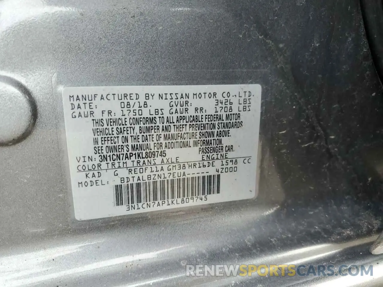 12 Photograph of a damaged car 3N1CN7AP1KL809745 NISSAN VERSA 2019