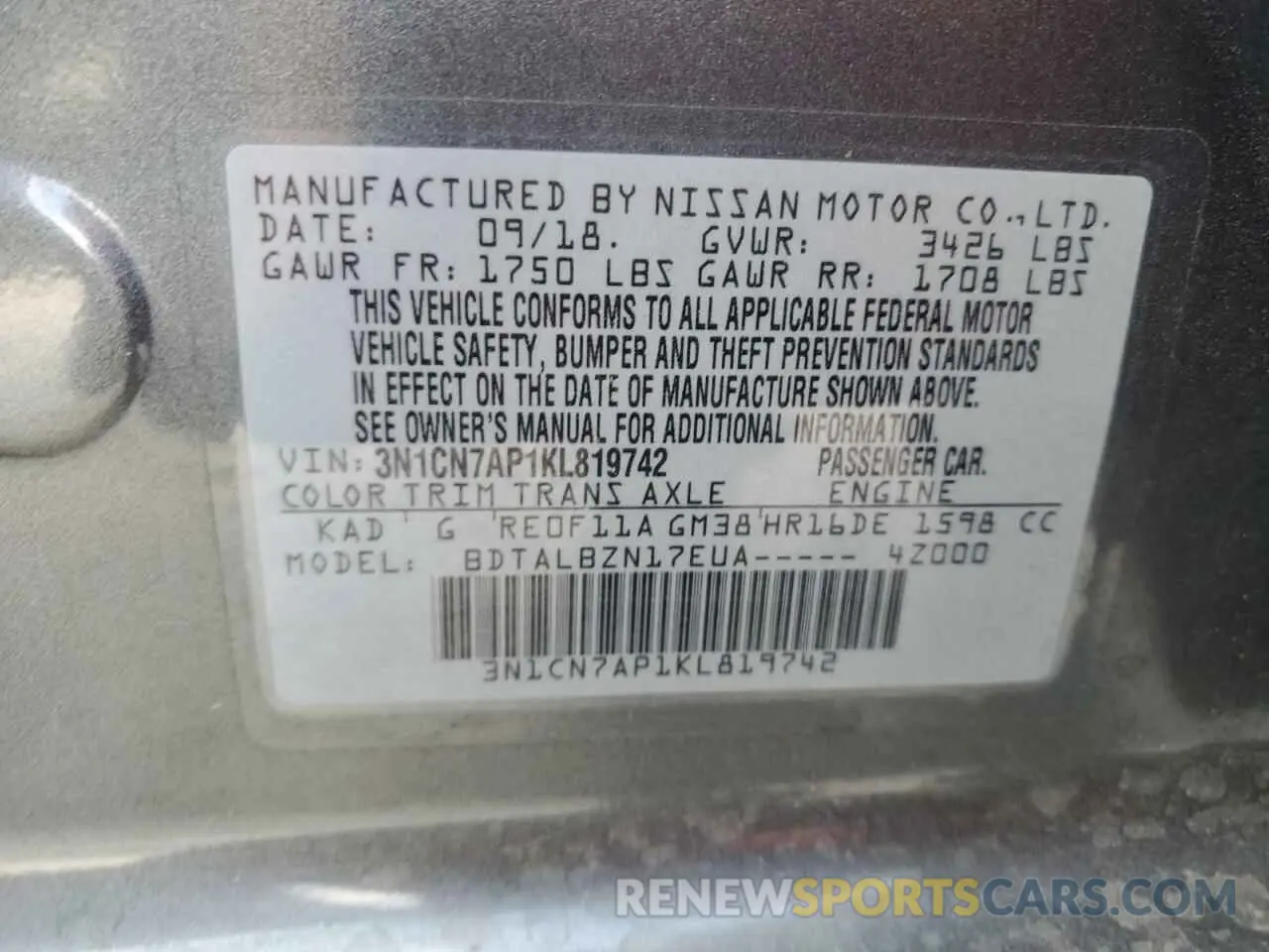 14 Photograph of a damaged car 3N1CN7AP1KL819742 NISSAN VERSA 2019