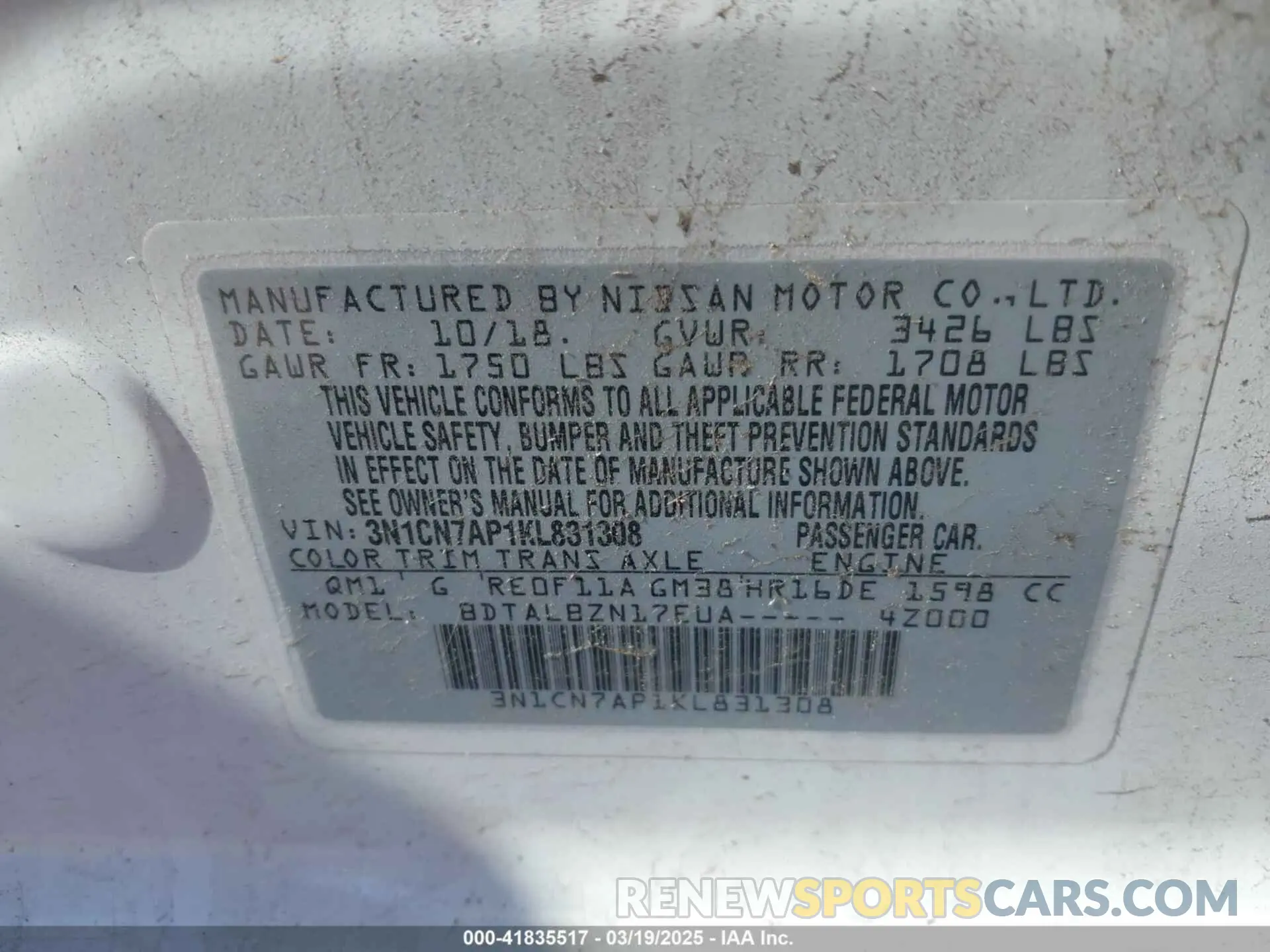 9 Photograph of a damaged car 3N1CN7AP1KL831308 NISSAN VERSA 2019