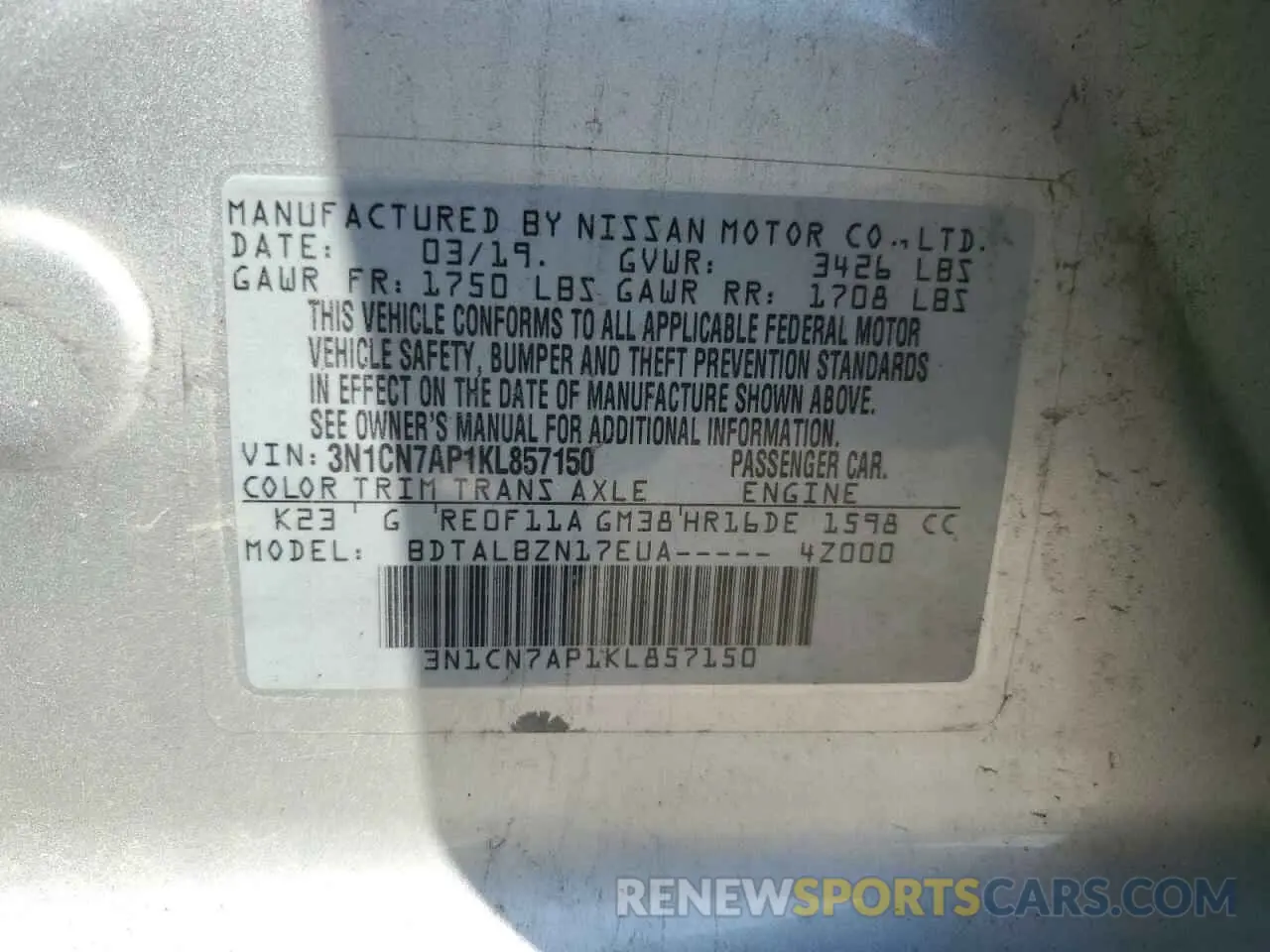 12 Фотография поврежденного автомобиля 3N1CN7AP1KL857150 NISSAN VERSA 2019