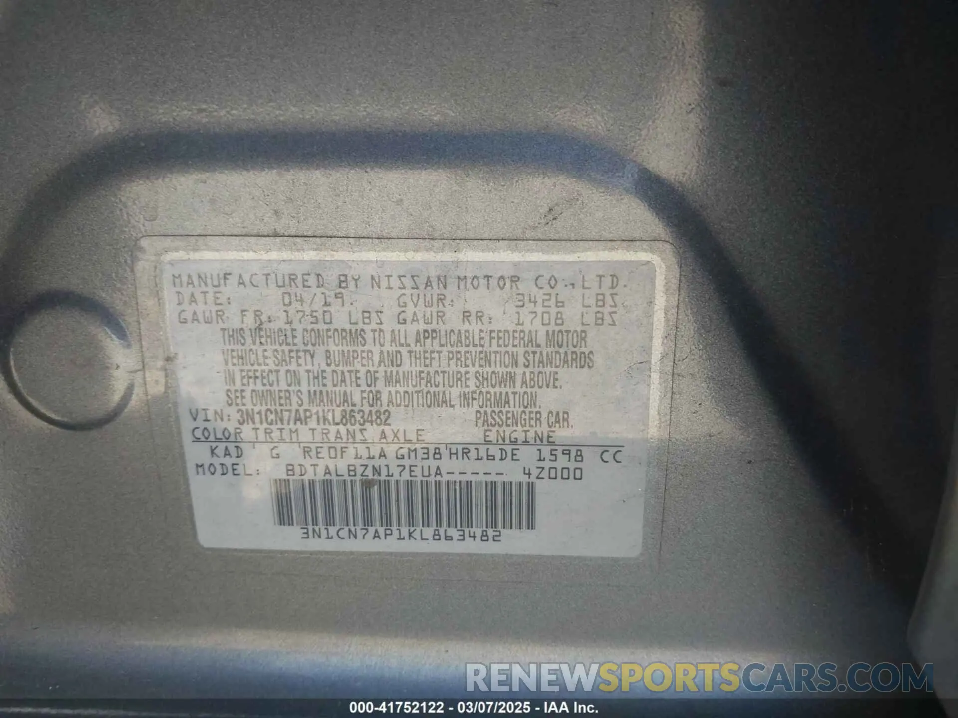 9 Photograph of a damaged car 3N1CN7AP1KL863482 NISSAN VERSA 2019