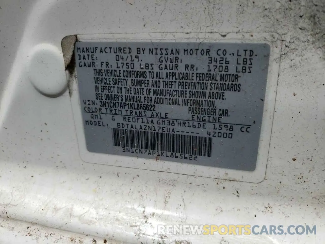 12 Photograph of a damaged car 3N1CN7AP1KL865622 NISSAN VERSA 2019