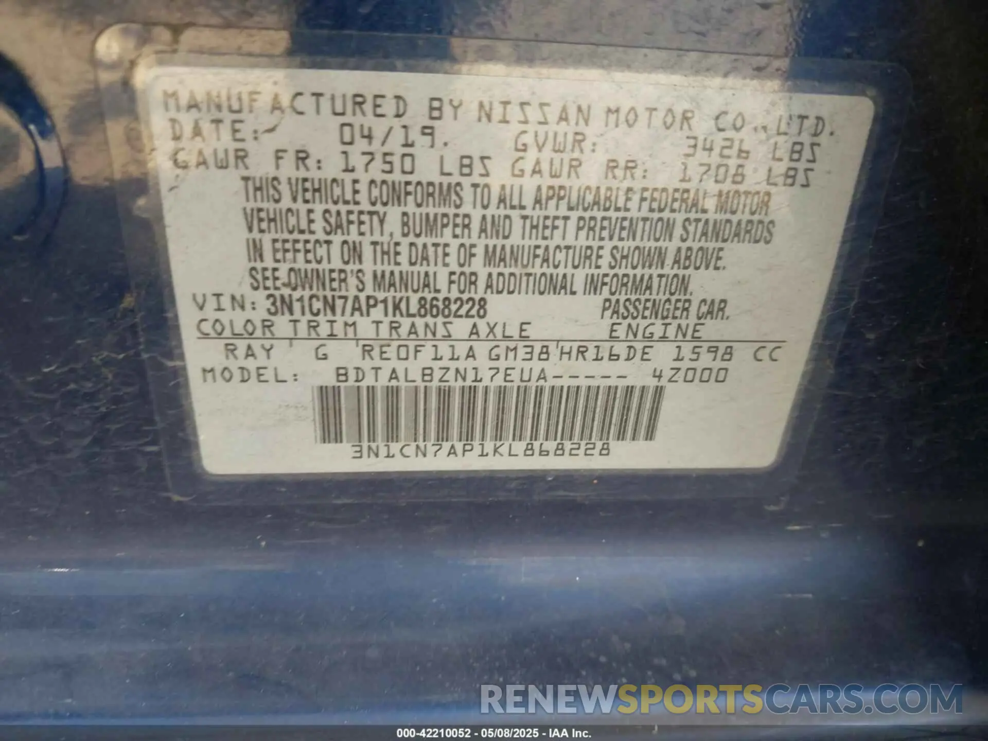 9 Photograph of a damaged car 3N1CN7AP1KL868228 NISSAN VERSA 2019