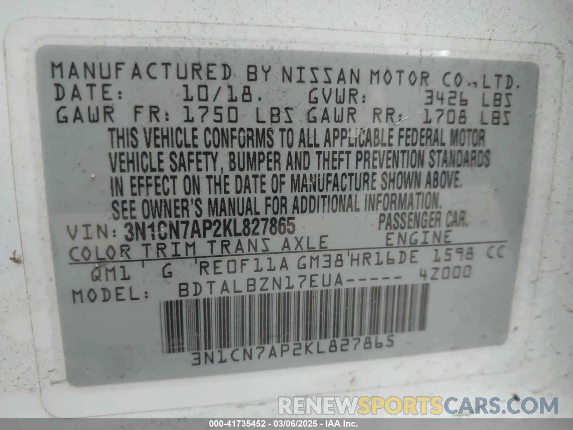 9 Photograph of a damaged car 3N1CN7AP2KL827865 NISSAN VERSA 2019