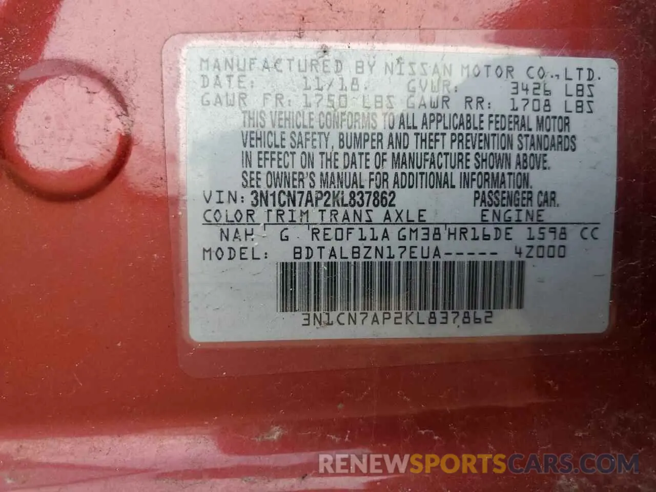 14 Photograph of a damaged car 3N1CN7AP2KL837862 NISSAN VERSA 2019