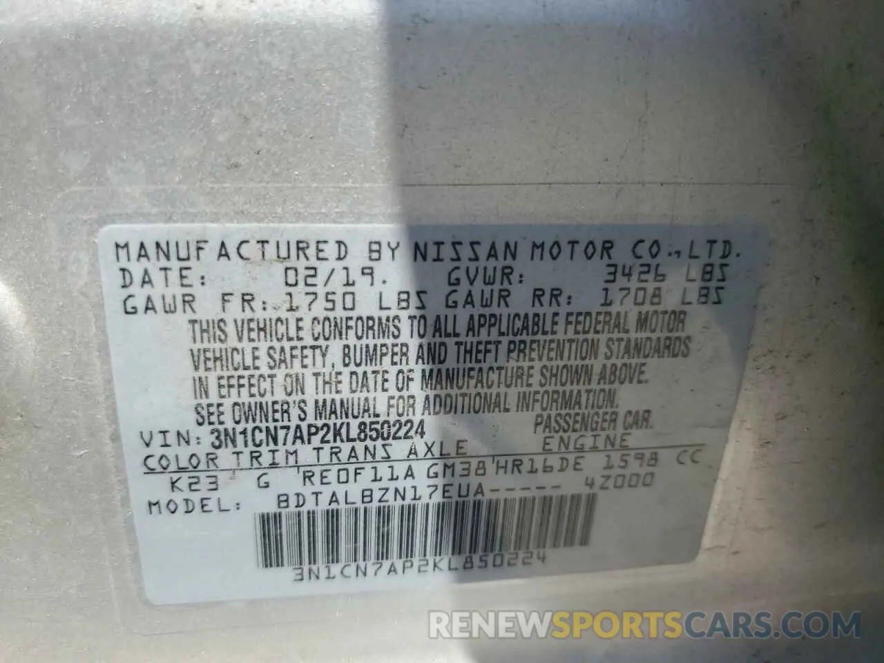 12 Фотография поврежденного автомобиля 3N1CN7AP2KL850224 NISSAN VERSA 2019