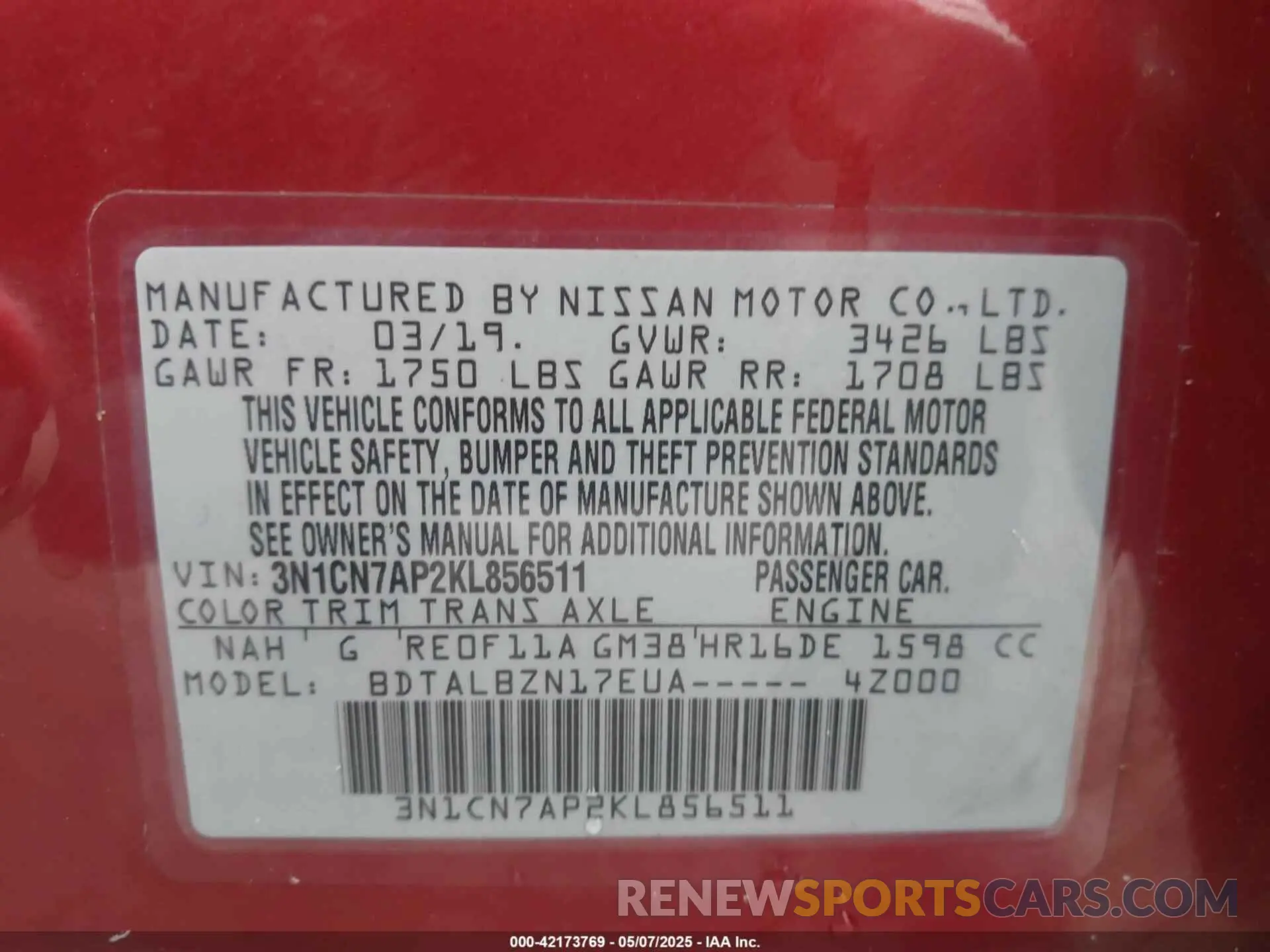 9 Фотография поврежденного автомобиля 3N1CN7AP2KL856511 NISSAN VERSA 2019