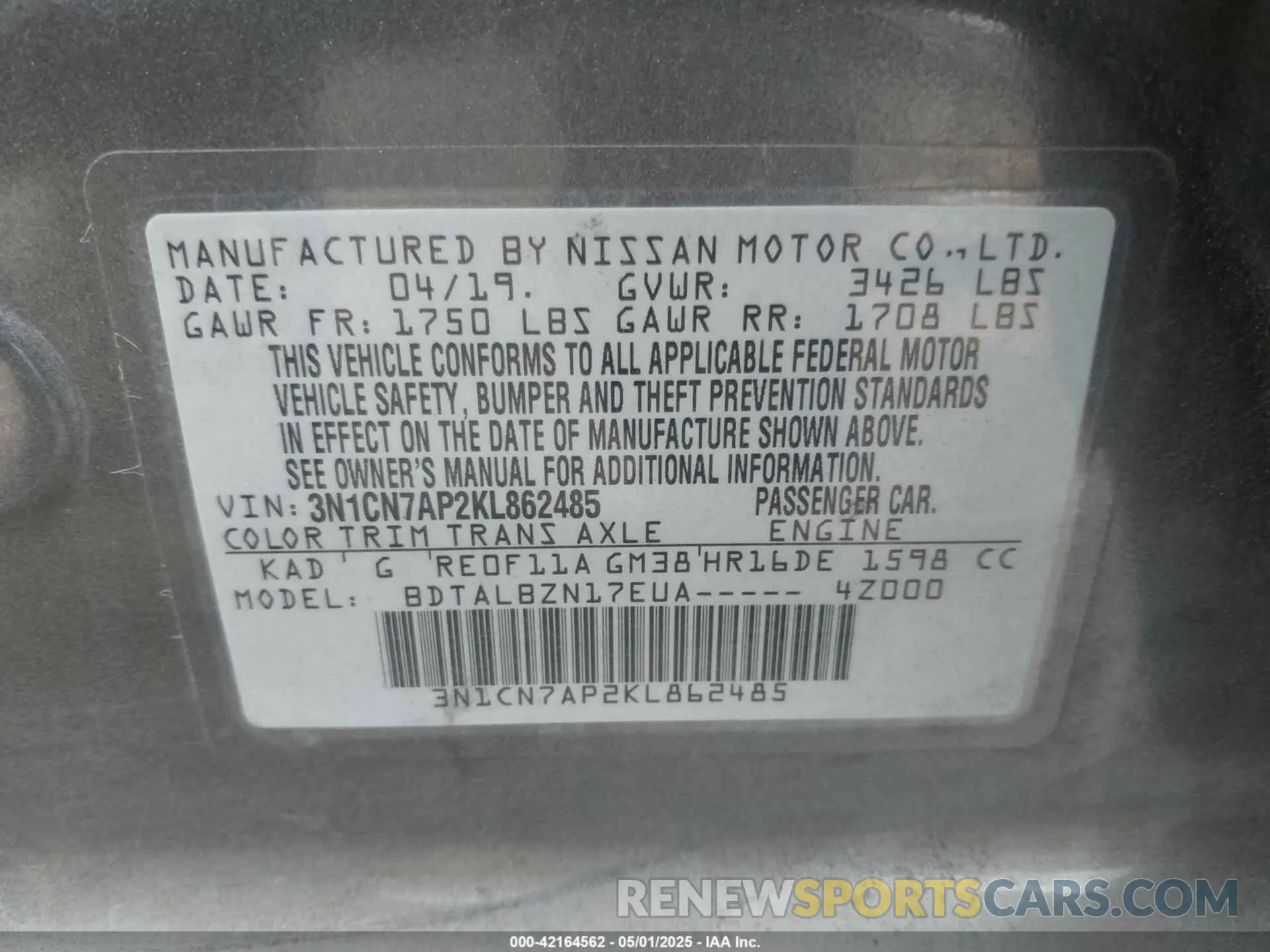 9 Фотография поврежденного автомобиля 3N1CN7AP2KL862485 NISSAN VERSA 2019