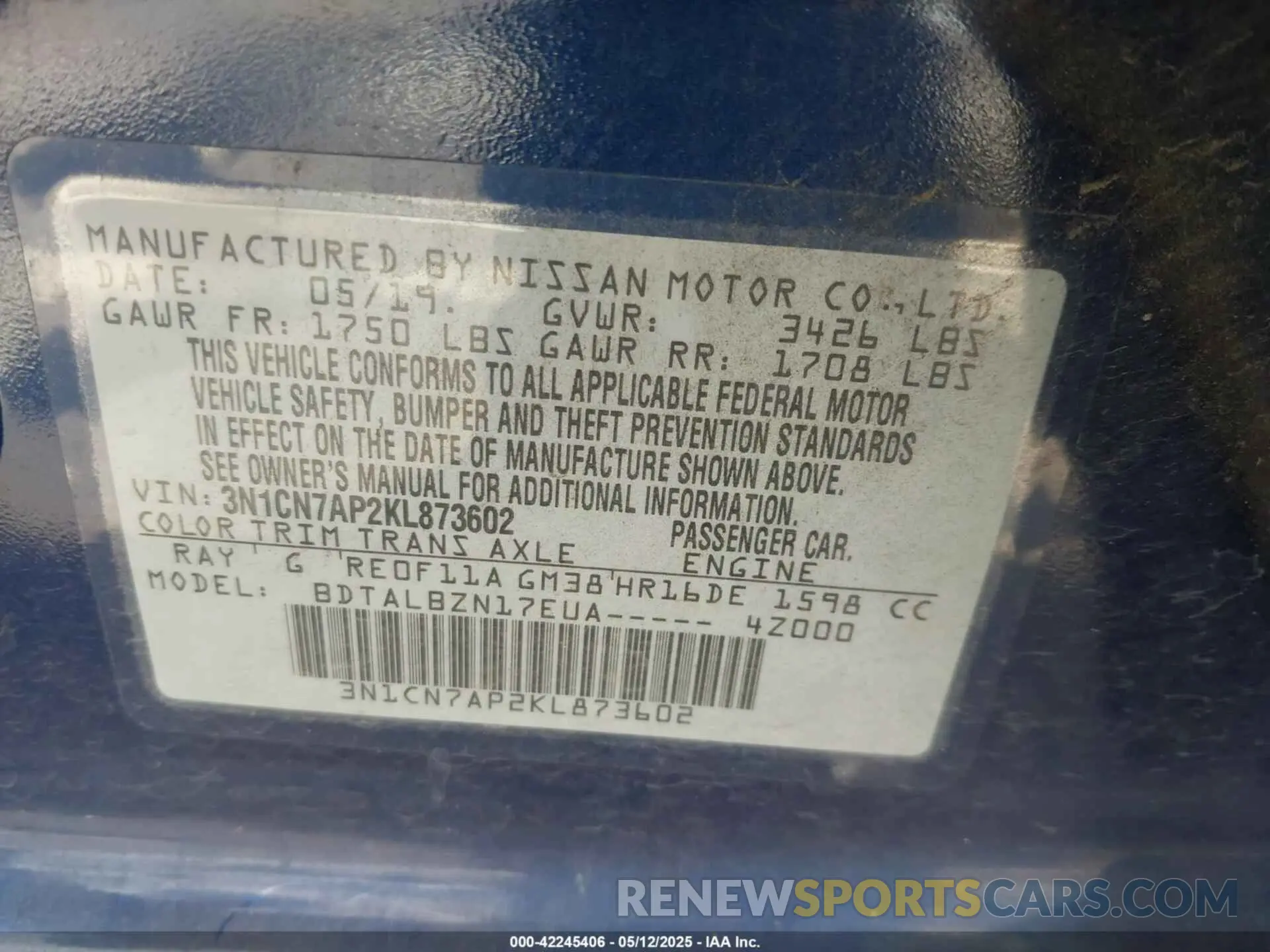 9 Фотография поврежденного автомобиля 3N1CN7AP2KL873602 NISSAN VERSA 2019
