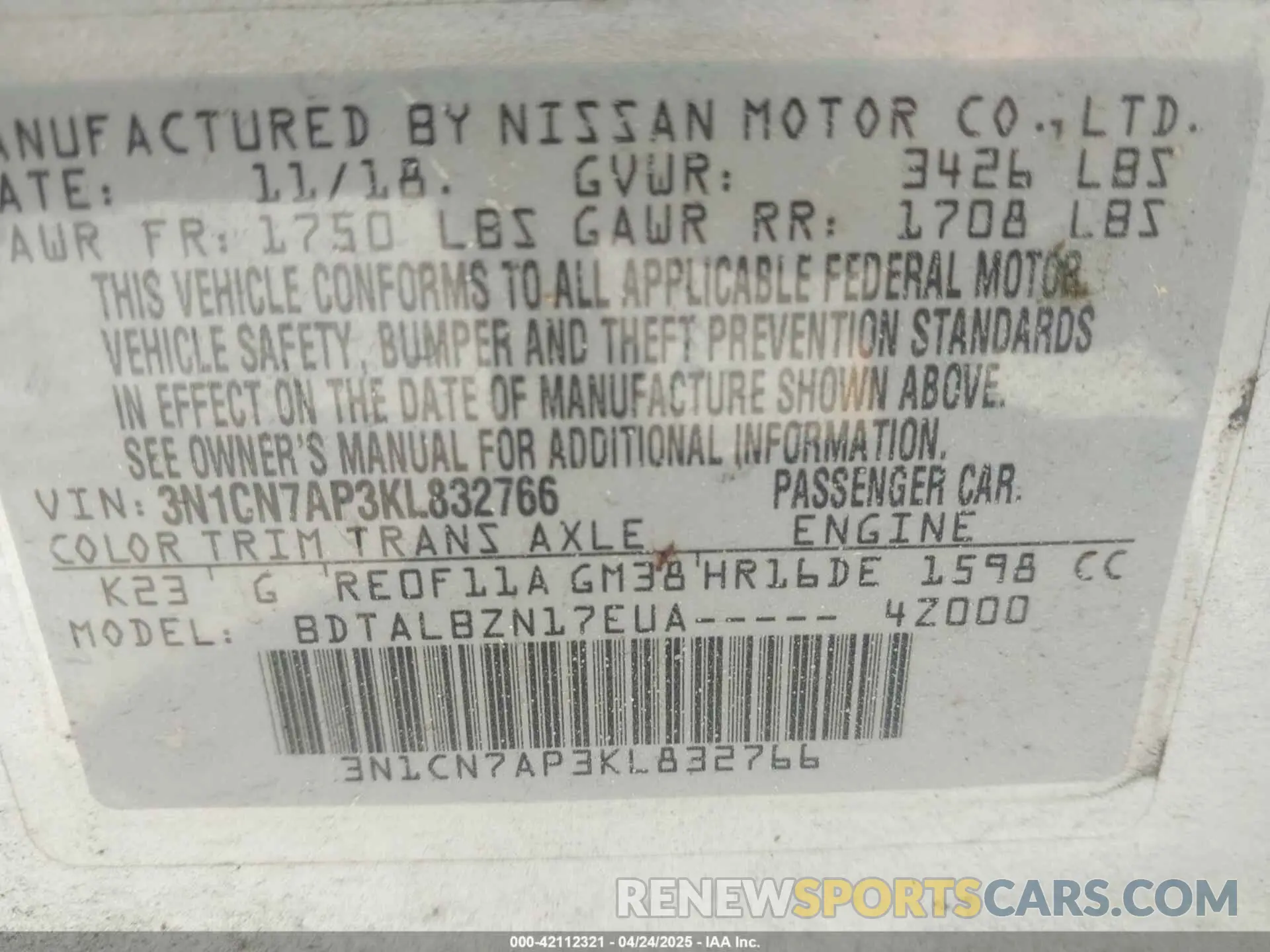 9 Фотография поврежденного автомобиля 3N1CN7AP3KL832766 NISSAN VERSA 2019